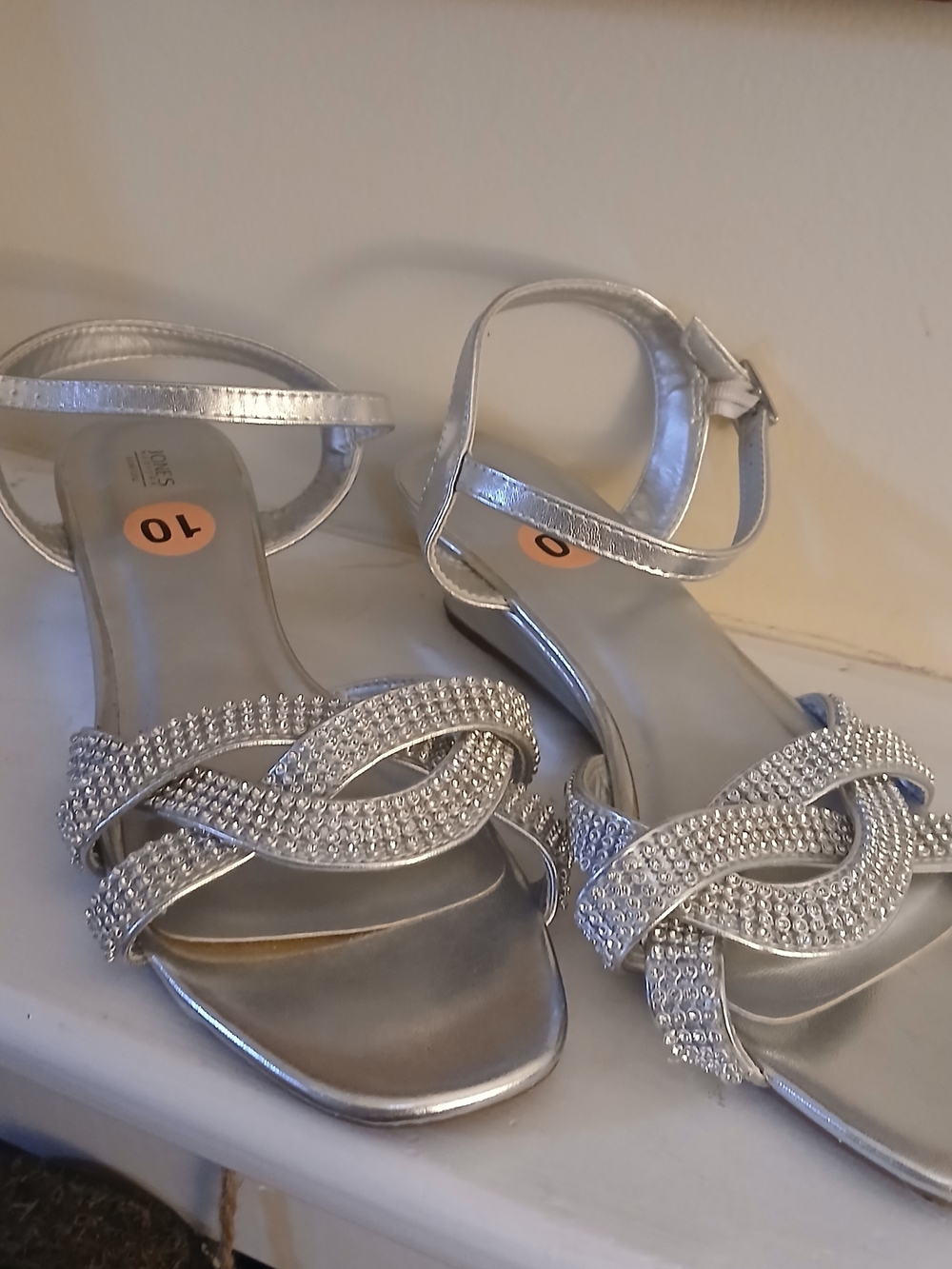 Jones New York Silver Faux Leather and Rhinestone Wedge Sandals